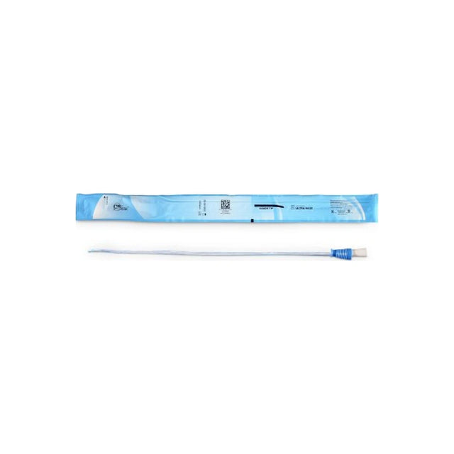 Sterile medical intermittent catheter with blue connector and sealed packaging on white background