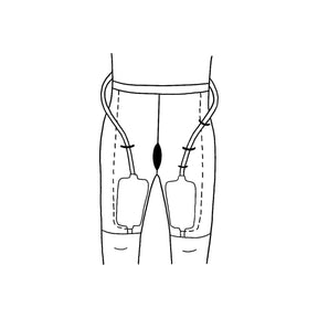 Diagram showing leg-mounted urinary drainage bags with connecting tubes for medical use