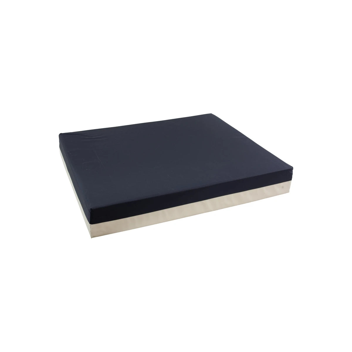 Medical foam wheelchair cushion with black top and beige base on white background