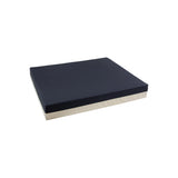 Medical foam wheelchair cushion with black top and beige base on white background