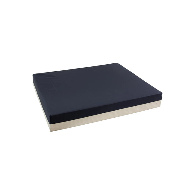 Medical foam wheelchair cushion with black top and beige base on white background