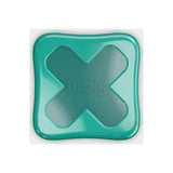Teal square tin container with cross design, for medical bandages or first aid supplies