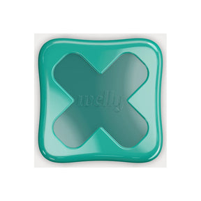 Teal square tin container with cross design, for medical bandages or first aid supplies