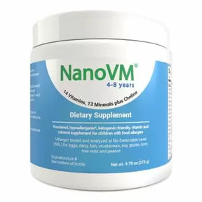 NanoVM 4-8 years dietary supplement container with blue and white label for children's vitamins and minerals