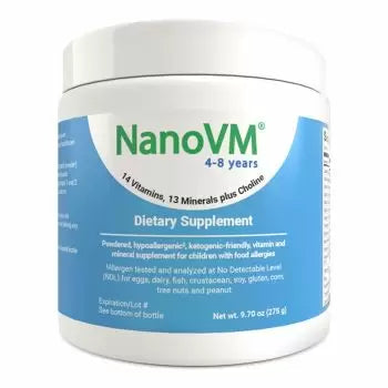 NanoVM 4-8 years dietary supplement container with blue and white label for children's vitamins and minerals