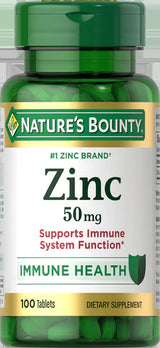 Nature's Bounty Zinc 50mg bottle, 100 tablets, for immune health support.