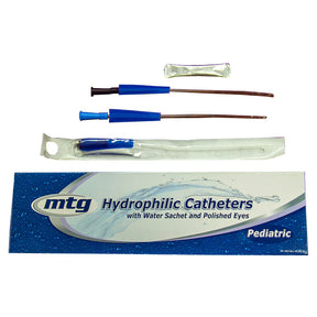 Pediatric hydrophilic catheters with water sachet and polished eyes, MTG packaging shown.