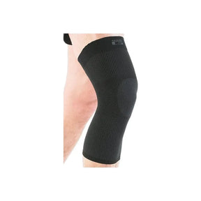 Black compression knee support sleeve worn on leg for joint pain relief