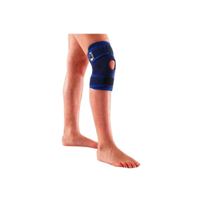 Blue adjustable knee support brace with open patella worn on a person's leg