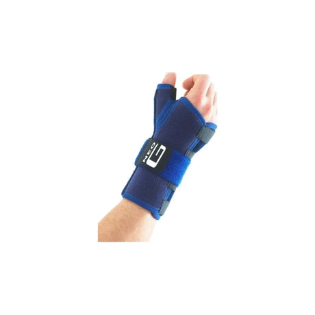 Blue wrist and thumb support brace with adjustable straps on a person's hand