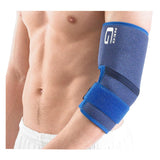 Man wearing a blue neoprene elbow support brace for joint pain relief
