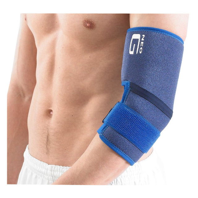 Man wearing a blue neoprene elbow support brace for joint pain relief