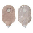 Two-piece transparent urostomy pouch system with drainage tap, shown front and back.