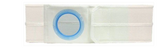 White ostomy belt with adjustable strap and blue circular stoma opening, medical supply