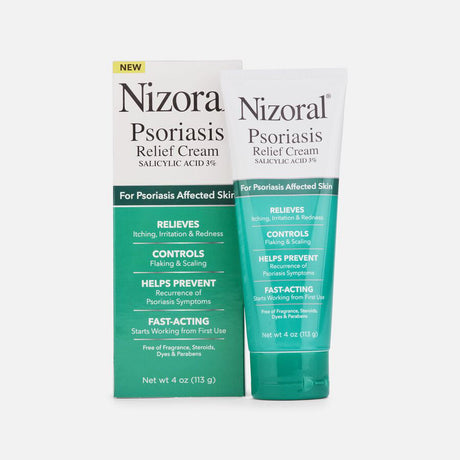 Nizoral Psoriasis Relief Cream 4 oz tube and box for skin irritation and flaking control