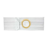 Beige ostomy support belt with adjustable opening for medical appliance, white background