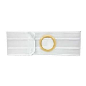 Beige ostomy support belt with adjustable opening for medical appliance, white background