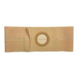 Beige elastic ostomy support belt with central ring, designed for comfort and wide waist sizes.
