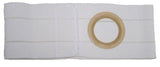 White ostomy support belt with central opening and elastic band for medical use
