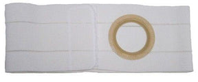 White ostomy support belt with central opening and elastic band for medical use