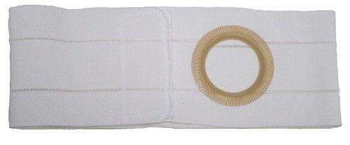 White ostomy support belt with central opening and elastic band for medical use