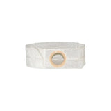 White ostomy support belt with circular opening for medical use, isolated on white background.