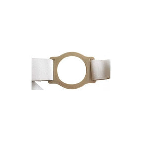 Ostomy belt with beige elastic strap and round plastic support ring