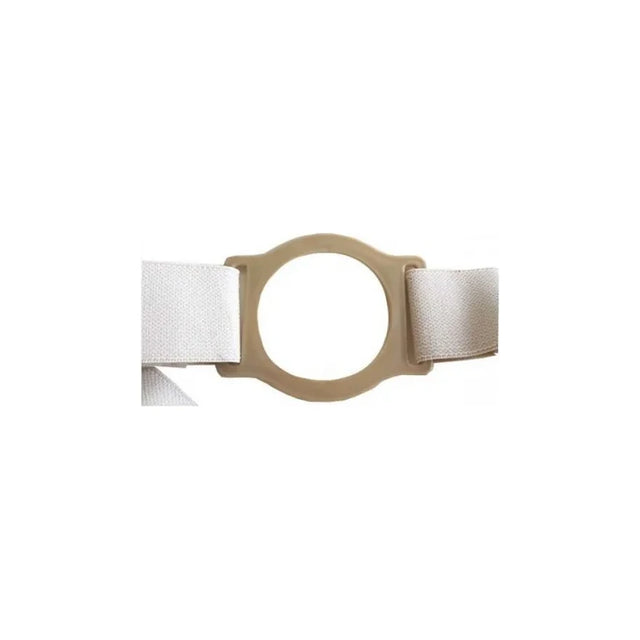 Ostomy belt with beige elastic strap and round plastic support ring