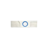 White medical ostomy belt with circular blue ring for stoma support, isolated on white