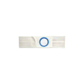 White medical ostomy belt with circular blue ring for stoma support, isolated on white