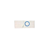 Rectangular ostomy pouch with blue flange on a white background, medical supply product