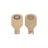 Two beige ostomy pouches with adhesive barrier for stoma care, shown front and back.