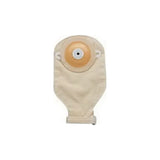beige ostomy pouch with adhesive barrier for medical ostomy care on white background