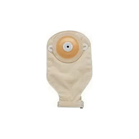 beige ostomy pouch with adhesive barrier for medical ostomy care on white background