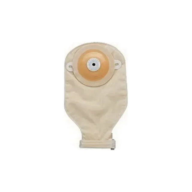 beige ostomy pouch with adhesive barrier for medical ostomy care on white background
