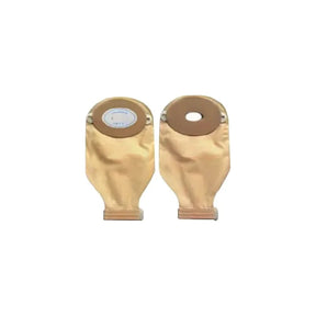 Two beige ostomy pouches with brown adhesive barrier, shown front and back, on white background.