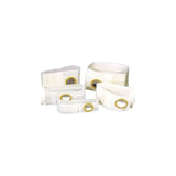 Assorted white ostomy belts with yellow stoma openings for medical use