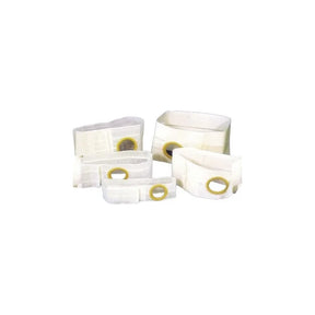 Assorted white ostomy belts with yellow stoma openings for medical use