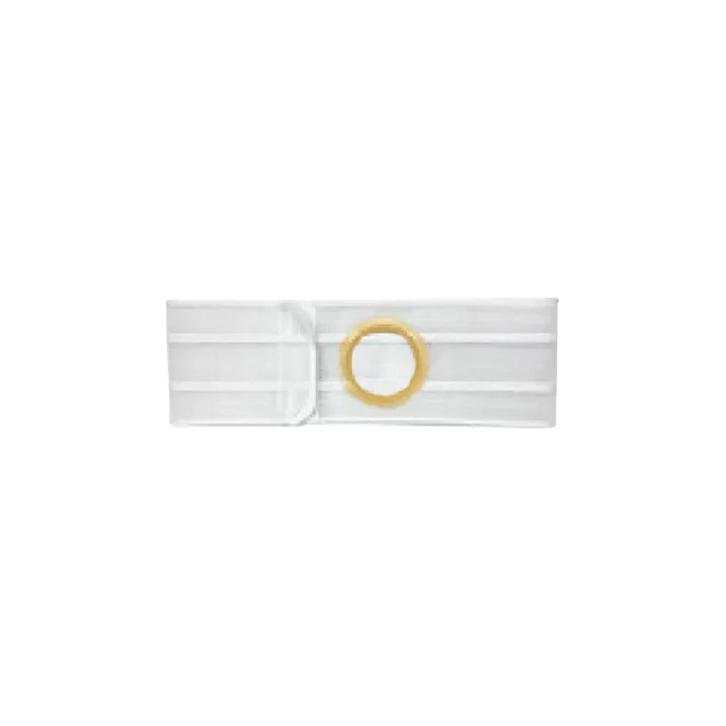 White ostomy belt with round beige ring for medical support and comfort
