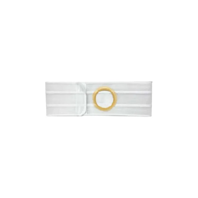 White ostomy hernia support belt with round opening for pouch, medical supply