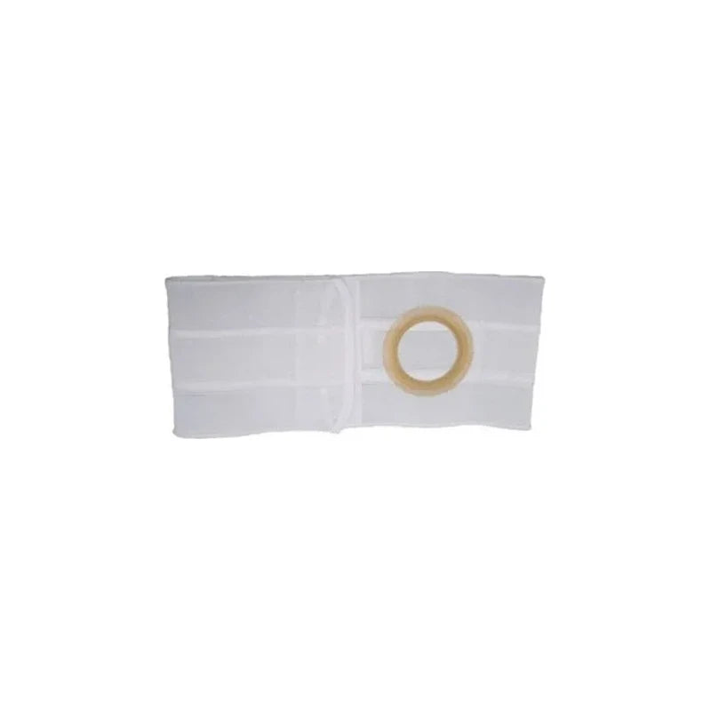 White medical abdominal support belt with a round opening, ostomy accessory