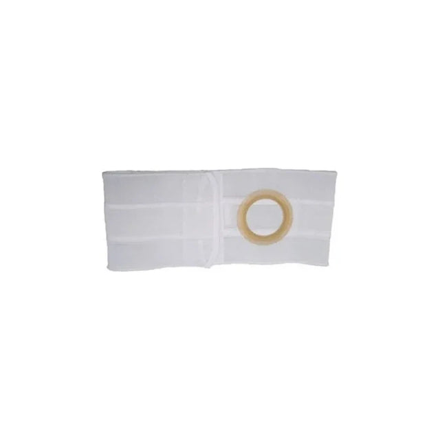 White medical ostomy belt with circular opening for ostomy appliance support