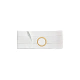 White ostomy support belt with circular opening for medical supplies