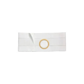 White ostomy support belt with circular opening for medical supplies