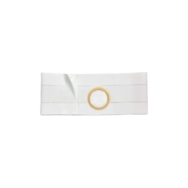 White ostomy support belt with circular opening for medical supplies