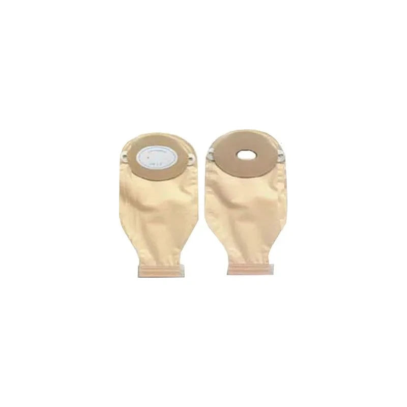 Two beige ostomy pouches with round adhesive barriers for stoma care on white background.