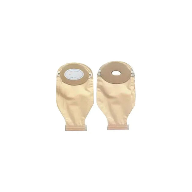 Two beige ostomy pouches with round adhesive barriers for stoma care on white background.