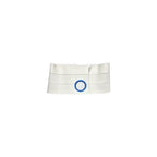 White medical ostomy belt with blue ring, adjustable support for stoma care