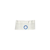 White medical ostomy belt with blue ring, adjustable support for stoma care
