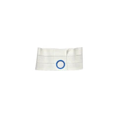 White medical ostomy belt with blue ring, adjustable support for stoma care